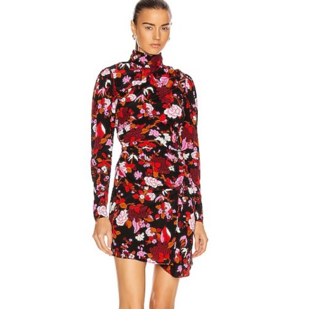 ALC Marcel Floral Ruched Asymmetrical High Neck Long Sleeve Dress